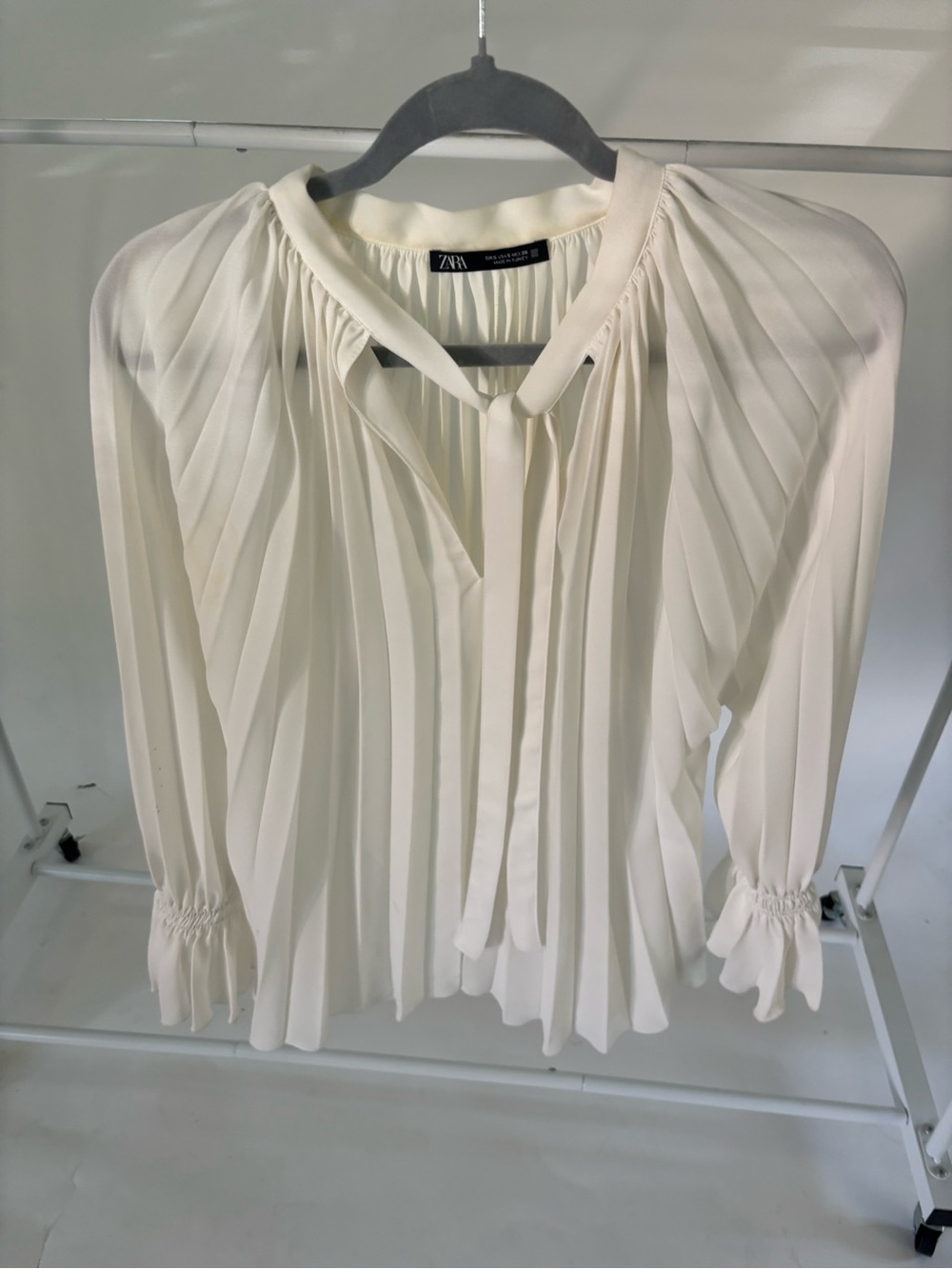 Zara Ivory Pleated Tie-Neck Blouse